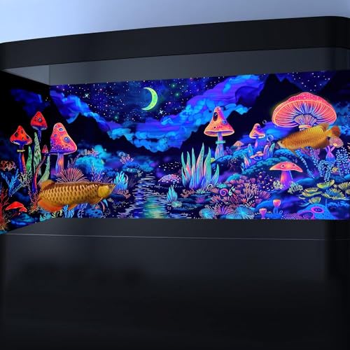 30X12IN Waterfall Fantasy Landscape Mountain Black Light Aquarium Background, UV Fish Tank Background Planet Terrarium Background with 10 EVA Double-Sided Tape - size: 30X12in/75X30cm