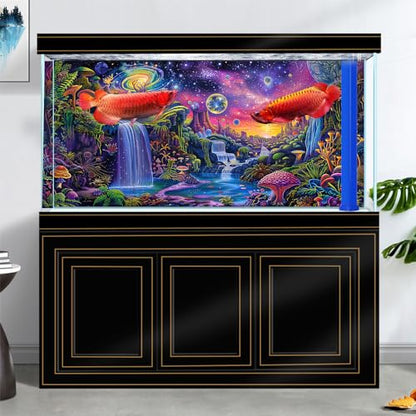 Aquarium Background with Galaxy Space Planet Design, Waterfall Landscape Tapestry Fantasy Mountain Wave Wall Tapestry Mysterious Neon Plants Fish Tank with Mushroom Design - size: 60"X 24" （150X60 cm）