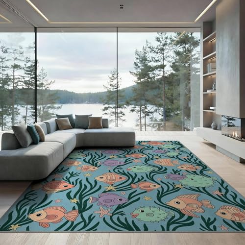 8'x10' Washable Kawaii Fish Large Rug, Green Non-Shedding Pet Friendly Carpet Foldable Easy Care Mat for King Size Bedroom, Master Suite, Under Bed | Ref:1886846 - color: Blue/Pattern 48, size: 8' x 10' (Rectangular)