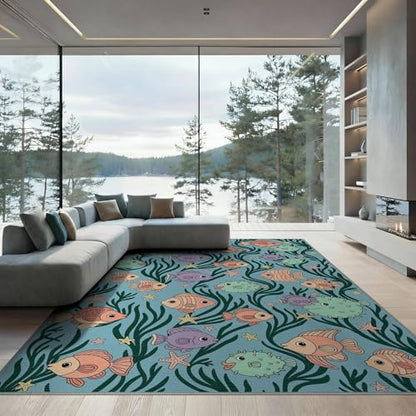 8'x10' Washable Kawaii Fish Large Rug, Green Non-Shedding Pet Friendly Carpet Foldable Easy Care Mat for King Size Bedroom, Master Suite, Under Bed | Ref:1886846 - color: Blue/Pattern 48, size: 8' x 10' (Rectangular)