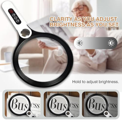 Large Magnifying Glass with Light, Ebbnivs Handheld Magnifying Glasses Magnifier with 5 Light Modes & 10 Level Brightness Gift for Elderly Reading Close Work Hobby