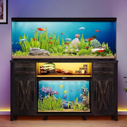 55-75 Gallon Fish Tank Stand with Power Outlet & LED Lights, Heavy Duty Aquarium Stand with Storage Drawers & Barn Doors, Reptile Tank Cabinet for Turtle, Reptile Terrarium, Dark Oak