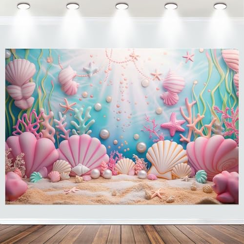 Fabric 12x8ft Mermaid Under The Sea Photography Backdrop Blush Pink Pearl Shell Coral Underwater Sunlight Background Mermaid Theme Birthday Baby Shower Party Decoration Photo Banner Props - size: 12x8ft(WxH)