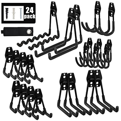 AOBEN 24PCS Garage Hooks, Heavy Duty Double Garage Hanger Organizer Wall Mount Iron Anti-Slip Garage Storage Hooks for Ladder, Power Tool,Bike,Ropes（23 Hooks & 1 hoder Strap-Black - size: 24PCS BL