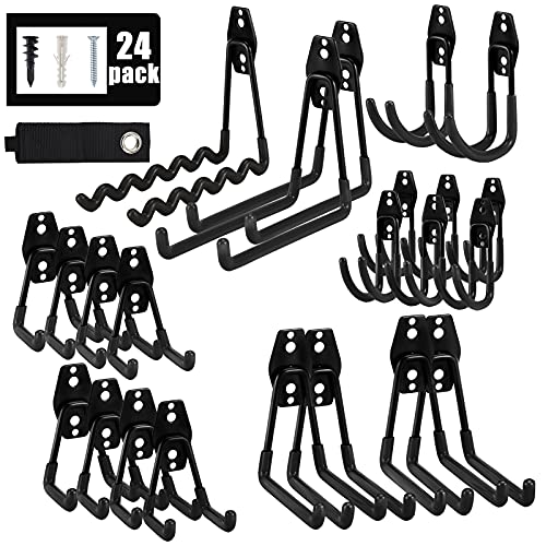 AOBEN 24PCS Garage Hooks, Heavy Duty Double Garage Hanger Organizer Wall Mount Iron Anti-Slip Garage Storage Hooks for Ladder, Power Tool,Bike,Ropes（23 Hooks & 1 hoder Strap-Black - size: 24PCS BL