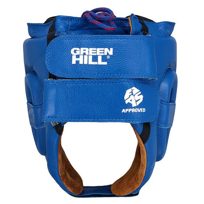 Green Hill Five Star Leather Boxing Headgear for Men & Women | AIBA-approved leather head guard for boxing, MMA and Muay Thai with secure fit and impact protection during sparring. - color: Blue