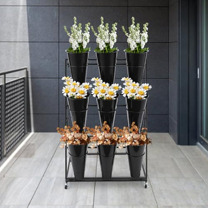 Flower Display Stand with 9 Buckets, 3 Layers, Indoor/Outdoor Flower Shelf for Patio, Living Room, Florist, Black - style: 3 Layers 9 Buckets Black