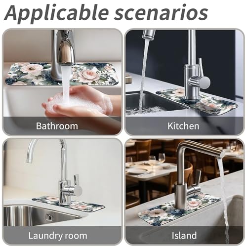 Kitchen Sink Splash Guard，Pink roses, blue hydrangeas-1 Faucet Mat Sink Gadgets-Super Absorbent Fast Drying Mat Drip Catcher for Kitchen, Bathroom,Sink Mat, Dish Drying Mat, Bathroom(15" X 5.5" ) - color: Pink roses, blue hydrangeas-1