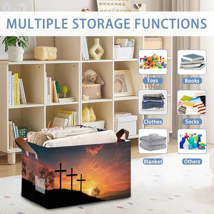 Cross Sunset Storage Basket,Collapsible Storage Bin Cubes for Living Room Bedroom Blankets Home Storage 17x11.5x10Inch