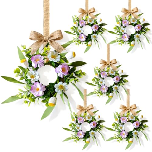 6 Pcs Small Spring Summer Hanging Wreaths for Cabinets with Artificial Pink White Flower and Yellow Fruit Mini Candle Ring Wreath with Lavender for Home Kitchen Front Door Window Porch Wall Wedding - color: Fruit Flower Wreath