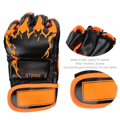 HERCHR MMA Gloves, Professional MMA Fingerless Gloves PU Leather Punching Bag Sanda Boxing Gloves for Punching Bag Sparring Muay Thai Karate - color: black orange