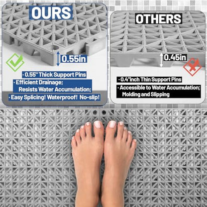 12PCS Drainage Interlocking Floor Tiles 11.8" x 11.8", Modular Interlocking Cushion Soft PVC Floor Non-Slip Splicing Waterproof Mat for Pool, Shower, Patio, Balcony, Bathroom, Kitchen, Yard（Grey）