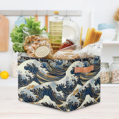 Ocean Waves Japanese Storage Basket with Handles Collapsible Storage Bins Rectangular Toy Storage Organizer Box Fabric Shelf Baskets for Nursery Bedroom Bathroom 1PC