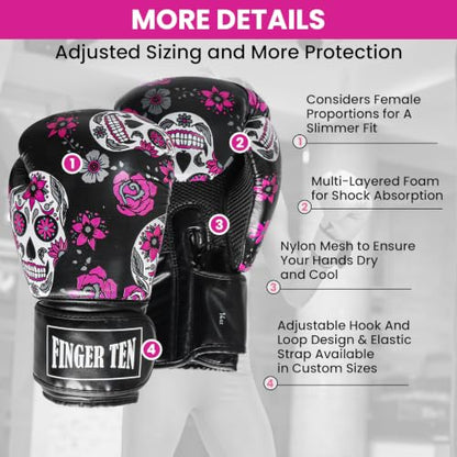 FINGER TEN Stylish Pattern Boxing Gloves Women 8-16 oz - color: Black Printed, size: 10 oz