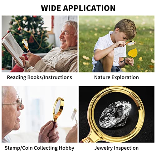 10X Magnifying Glass, Handheld Reading Magnifier with Antique Mahogany Handle, 80mm + 60mm Magnify Glasses Lens, Magnifier Glass for Book Reading, Insect Observation, Science (2 Pcs)