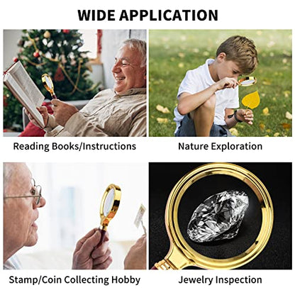 10X Magnifying Glass, Handheld Reading Magnifier with Antique Mahogany Handle, 80mm + 60mm Magnify Glasses Lens, Magnifier Glass for Book Reading, Insect Observation, Science (2 Pcs)