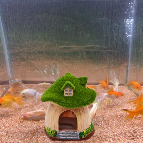 Aquarium Decoration House,Betta Fish Tank Hideaway Landscape, Green Moss Mushroom House Shelter, Reptiles Fish and Shrims Fairy Garden Cave Decor