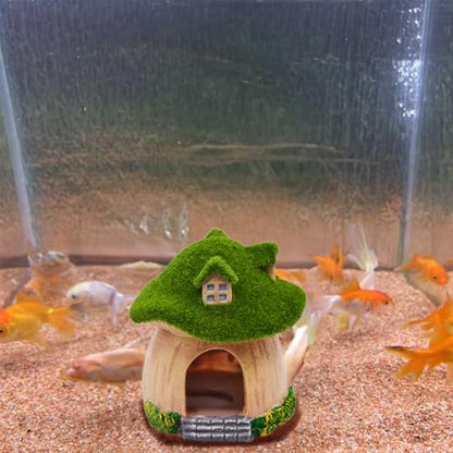 Aquarium Decoration House,Betta Fish Tank Hideaway Landscape, Green Moss Mushroom House Shelter, Reptiles Fish and Shrims Fairy Garden Cave Decor