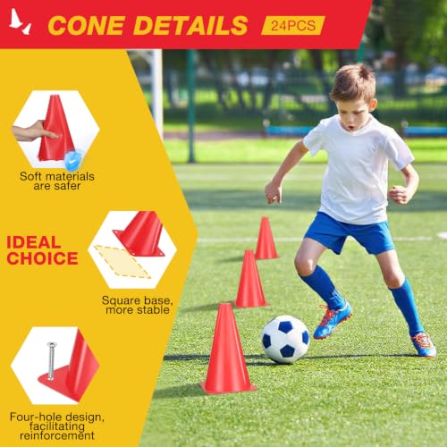 24pcs Cones 9 Inch Soccer Cones and Plastic Traffic Cones, Durable Cones for Sports Training, Ideal for Soccer, Basketball, Football, Skating, and Agility Drills Practice - color: red
