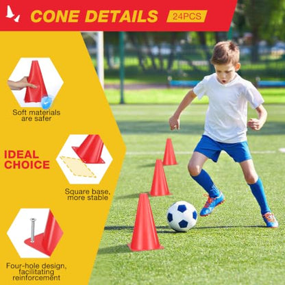 24pcs Cones 9 Inch Soccer Cones and Plastic Traffic Cones, Durable Cones for Sports Training, Ideal for Soccer, Basketball, Football, Skating, and Agility Drills Practice - color: red