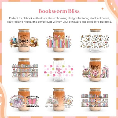 10 Sheets UV DTF Cup Wraps for 16 oz- Booklover Theme UV DTF Stickers, 1 Sheet Mysterious Pattern Transfer, Rub on Transfers Stickers for 16 oz Libbey Glasses Crafting - style: Book