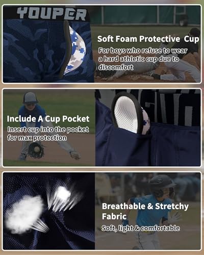 Youper 2 Pack Youth Brief with Soft Protective Athletic Cup, Youth Compression Underwear for Baseball & Football - color: Navy & Camo, size: Medium