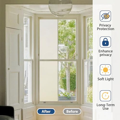 Timeet Window Privacy Film, Frosted Glass Window Clings, Static Cling Heat UV Blocking Anti-Glare Frosting Stickers, Decorative Bathroom Door Coverings Day and Night, 17.5 x 78.7 Inch, Pure