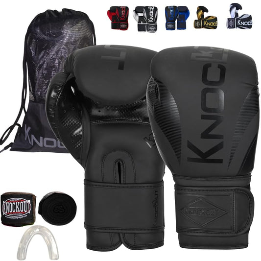Knockout Elite Boxing Gloves 8-16 oz for Men & Women with Wraps & Mouth Guard - Ideal for Muay Thai, Kickboxing, Adult Heavy Punching Bag Gloves Training - Durable, Comfortable & Protective - color: Black / Black, size: 14 oz