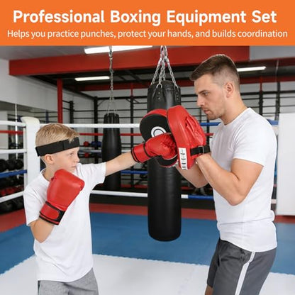 Boxing Equipment Set with Boxing Gloves, Punching Mitts, Boxing Reaction Ball, Hand Guards, Adjustable Headband, Flame Design Young Athlete Boxing Gloves for Boxing, MMA, Martial Arts Training