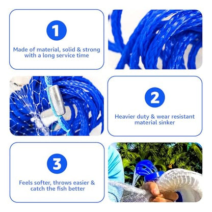 Premium Saltwater Cast Net - Heavy Duty Fishing Net with Sinkers - Durable & Long-Lasting - size: 10' x 1/4"