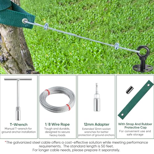 Garden Stakes 18" Heavy Duty Tree Stakes Ground Anchors with Straps & Steel Cable - Screw in Spiral Earth Anchors for Plant Support, Shed, Trampoline, Swing Set - Secure Against High Winds (6)