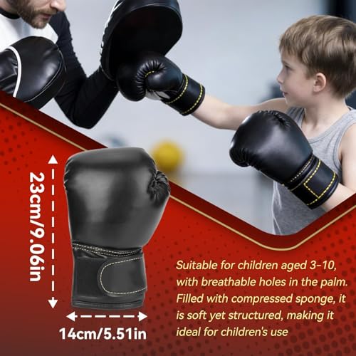 HERCHR Boxing Gloves, PU Leather Taekwondo Gloves Professional Fighting Children Boxing Training Gloves Thickened Punching Sparring Training Mitts for Kids - color: black