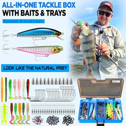 PLUSINNO Fishing Gear,Full Fishing Pole kit Include Fishing Rod and Reel Combo, Tackle Box with Fishing Lures, Fishing Accessories, Fishing Pliers,Fishing Gifts for Men with Fishing Tool Kit