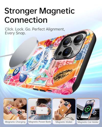 for iPhone 14 Pro Max Case, Cute Fruit Lemon Seashell Summer Collage Phone Case, Compatible with Magsafe, Trendy Western Glossy Yellow Magnetic Slim Shockproof Protective Women Girl Men Cover
