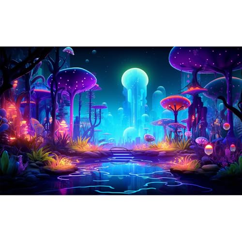 Fantasy Forest Aquarium Background Mysterious Plants Abstract Mushrooms Cartoon Style Forest Terrarium Backdrop Tranquil Stream Fish Tank Background Wallpaper Poster Decor Vinyl 24x16in - color: Blue Purple, size: 24(W)x16(H)in