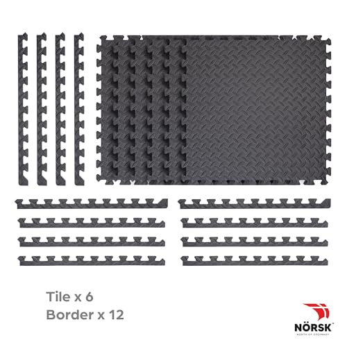 Norsk Foam Floor Gym Mats with Interlocking Tiles, .47" Thick, 24"x24", 12-Pack, 48 Square Feet, Diamond Plate Design, Grey - size: 12 Tiles - 48 Sq. Ft.
