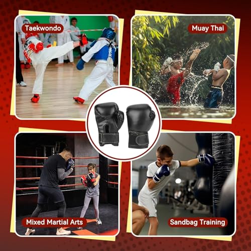 HERCHR Boxing Gloves, PU Leather Taekwondo Gloves Professional Fighting Children Boxing Training Gloves Thickened Punching Sparring Training Mitts for Kids - color: black