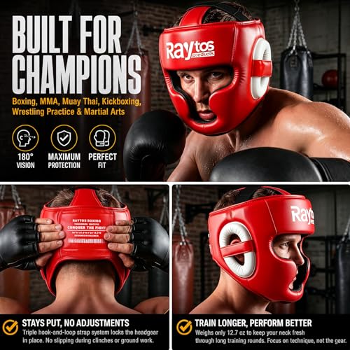 Boxing Headgear for MMA,Sparring,Muay Thai|Head Guards for Men Women - color: Red