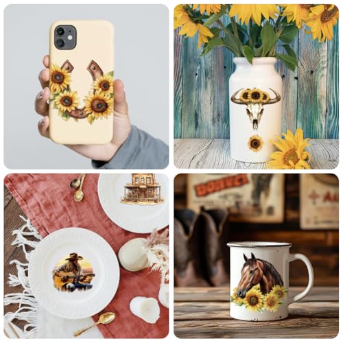 Peacoblue 18 Sheets Rub on Transfers for Crafts, Western Cowboy and Sunflowers 3.6"x3.9" UV DTF Cup Wraps Waterproof Rub on Cold Transfers Stickers for Wood Glass Metal Cup Tumblers Mirror Mugs Decor - style: Western Cowboy and sunflowers
