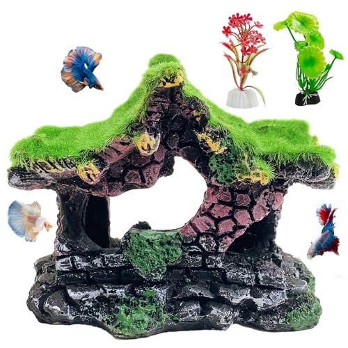 Resin Hollow Hideout House for Aquarium Decoration Fish Tank Accessories Betta Cave with Lifelike Moss for Shrimp Fish Shelter - style: Pavilion