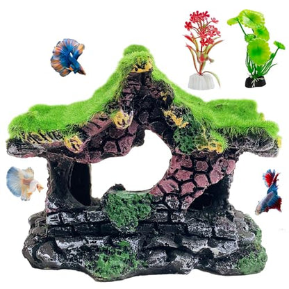 Resin Hollow Hideout House for Aquarium Decoration Fish Tank Accessories Betta Cave with Lifelike Moss for Shrimp Fish Shelter - style: Pavilion