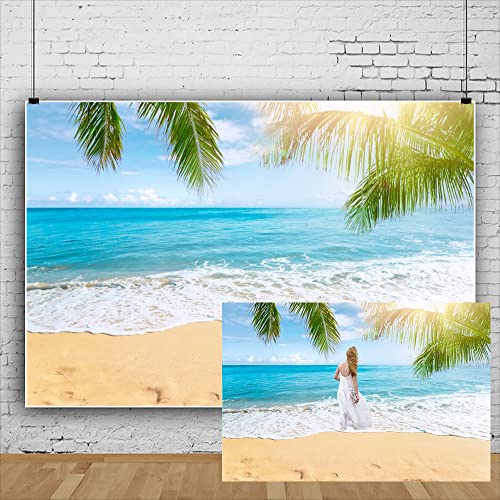 3x2m Sea Beach Backdrop Seaside Sand Beach Sea Wave Tropical Palm Leaf Photography Backdrops for Photo Shoots Holiday Party Adult Personal Portrait Photo Background Studio Props - size: 10x6.5ft