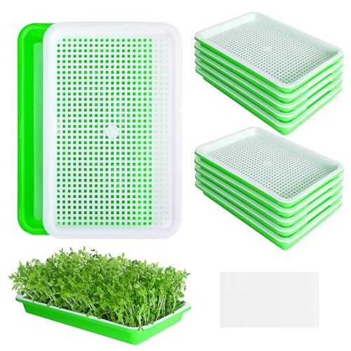 10 Pack Seed Sprouter Tray with Drain Holes - BPA Free Seed Garden Plant Germination Propagation Trays, Soil-Free Wheatgrass Tray Sprouter Microgreens Growing Kit with Germinating Paper