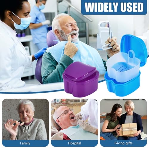 KISEER 2 Pack Colors Denture Bath Case Cup Box Holder Storage Soak Container with Strainer Basket for Travel Cleaning (Light Blue and Purple) - color: Light Blue and Purple