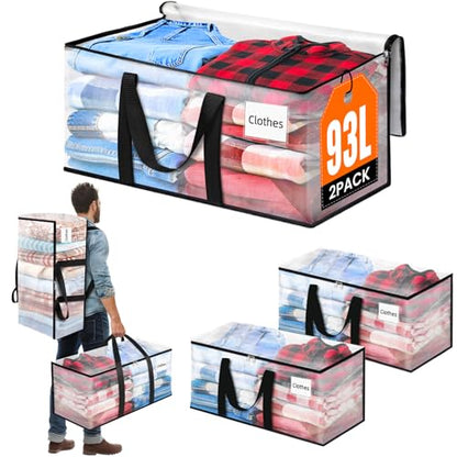 BlissTotes 2-Pack Large Moving Bags with Backpack Straps & Strong Zippers, Heavy-Duty Storage Bags Moving Boxes for Space Saving, Dorms, Transport, 93L-25 Gallons, Clear - size: 25 Gallons