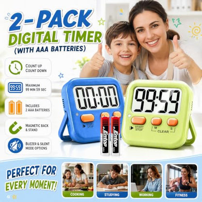 Antonki 2 Pack Digital Timer for Kids Classroom Kitchen Timers for Cooking - color: 2 * Green+ Sky Blue ( 95%+select for Kids )