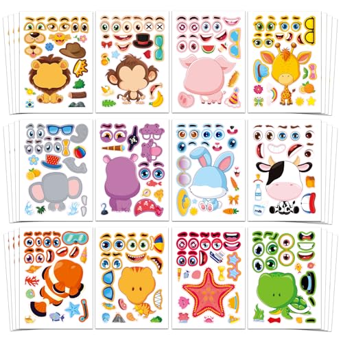 48 Pcs Make-a-Face Sticker Sheets for Kids 12 Animal Designs for Party Favors Crafts Activities & Goodie Bag Stuffers - style: Cute Animals