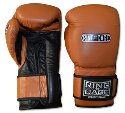 Ring to Cage 20oz, 22oz, 24oz Deluxe MiM-Foam Sparring Gloves - Safety Strap Boxing Training Gloves, for Boxing, MMA, Muay Thai, Kickboxing - color: Tan/Black, size: 14oz