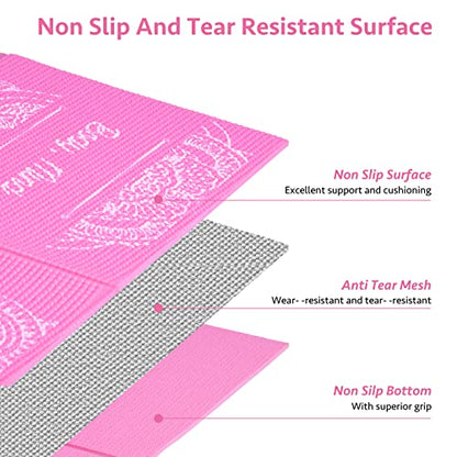 Foldable Yoga Mat for Women, Non Slip Exercise Mat for Home Gym, 5mm Travel Yoga Mats Set With Stretch Strap for Yoga Pilates and Fitness, 68"L x 24"W x 0.2 Inch Thick - color: Pink