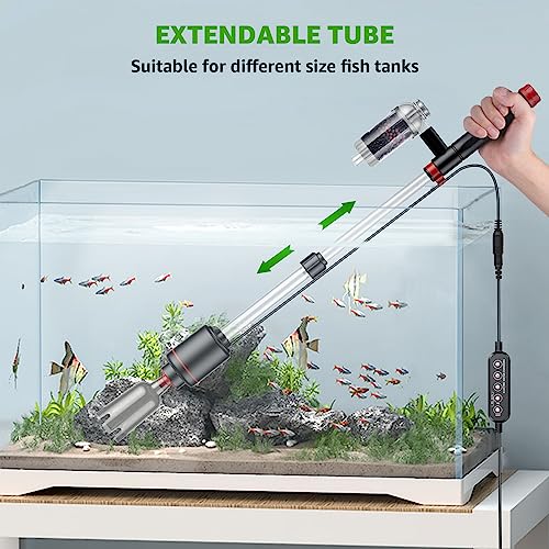 Electric Aquarium Vacuum Gravel Cleaner: 24W Fish Tank Vacuum Gravel Cleaner with Strong Suction for Automatic Water Change Algae Remover Sand Wash Water Shower and Water Circulation, Timed Off
